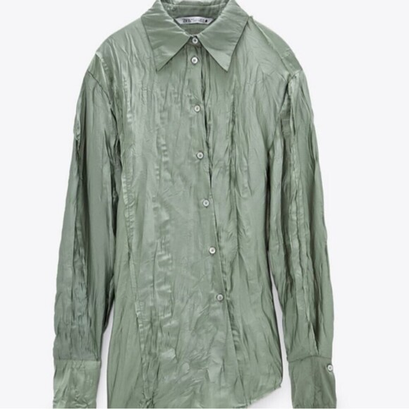ZARA Creased Wrinkle Effect Silky Pale Green Button Up Long Sleeve Top Large - Picture 3 of 6